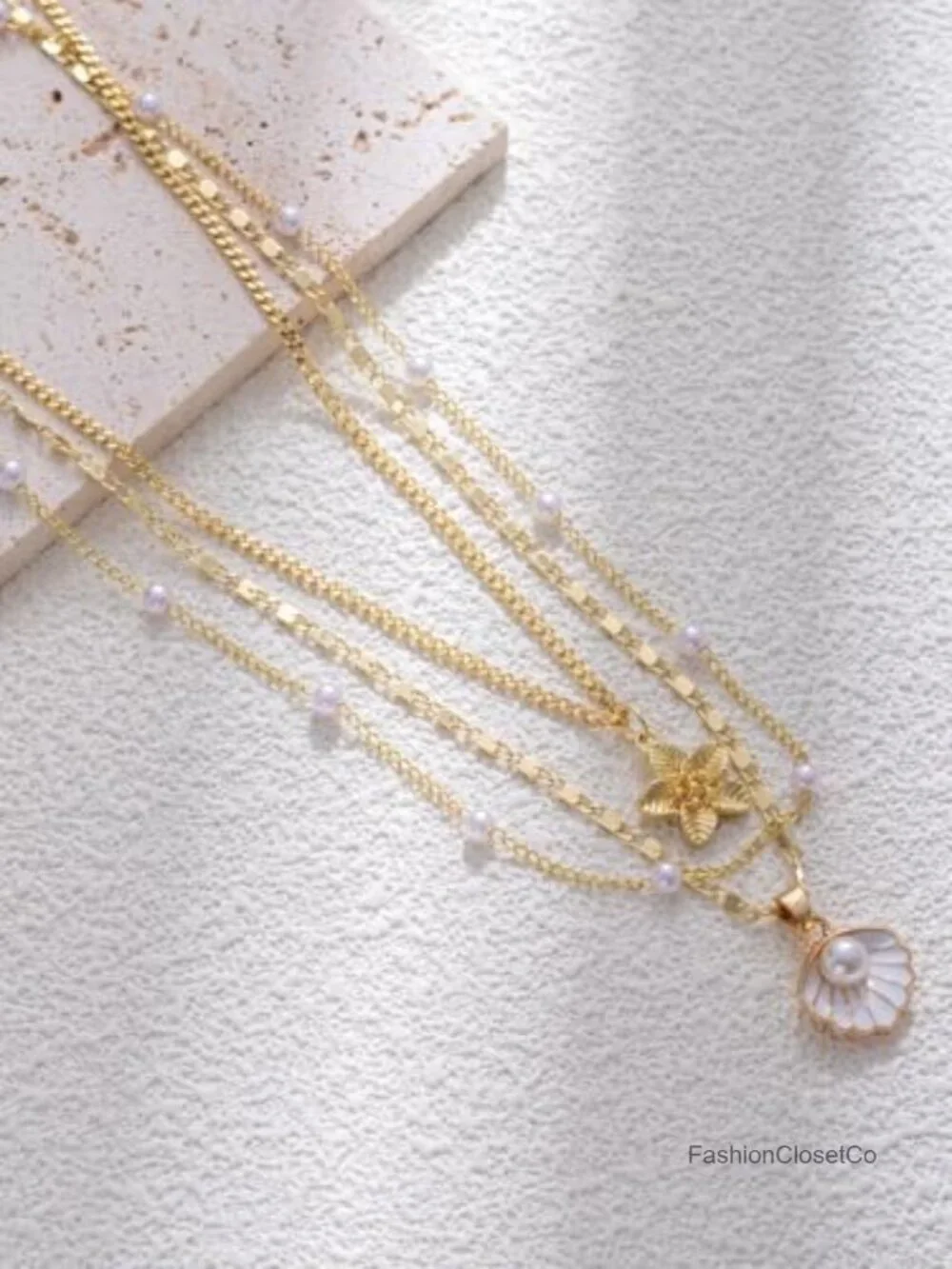14K Gold Plated Seashell & Pearl Layered Necklace Set for Women, Dainty Stacked
